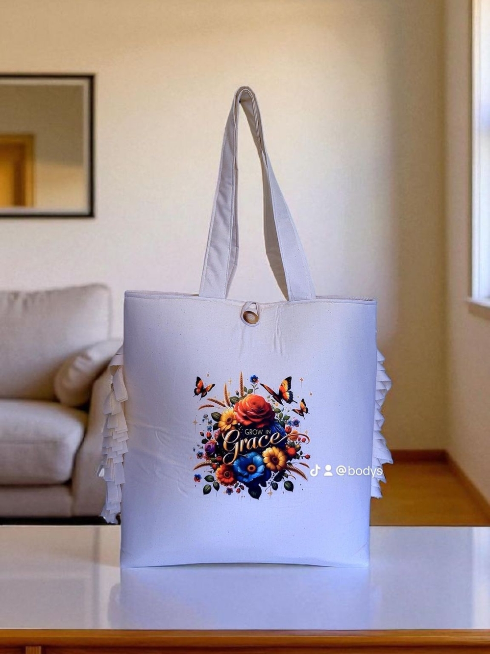 Grow in Grace White Floral Tote Bag with Ruffle Sides
